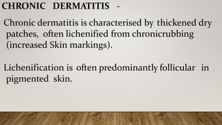 CHRONIC DERMATITIS -
Chronic dermatitis is characterised by thickened dry
patches, often lichenified from chronicrubbing
(increased Skin markings).
Lichenification is often predominantly follicular in
pigmented skin.
 