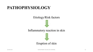 PATHOPHYSIOLOGY
Etiology/Risk factors
Inflammatory reaction in skin
Eruption of skin
16-08-2022 ROHILKHAND COLLEGE OG NURSING 12
 