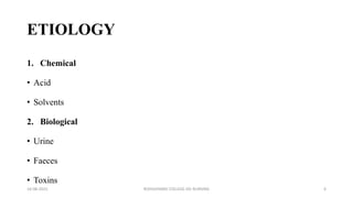 ETIOLOGY
1. Chemical
• Acid
• Solvents
2. Biological
• Urine
• Faeces
• Toxins
16-08-2022 ROHILKHAND COLLEGE OG NURSING 6
 