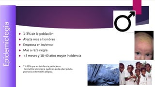  1-3% de la población
 Afecta mas a hombres
 Empeora en invierno
 Mas a raza negra
 <3 meses y 18-40 años mayor incidencia
 15-35% que en la infancia padecieron
dermatitis seborreica, padecen en la edad adulta,
psoriasis o dermatitis atópica.
Epidemiologia
 