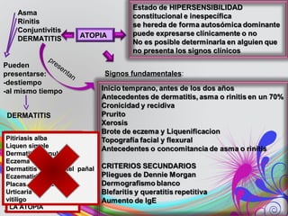 AsmaAsma
RinitisRinitis
ConjuntivitisConjuntivitis
DERMATITISDERMATITIS ATOPIAATOPIA
Signos fundamentalesSignos fundamentales:
presentan
Pueden
presentarse:
-destiempo
-al mismo tiempo
DERMATITISDERMATITIS
Hay cuadrosHay cuadros
dermatológicos, quedermatológicos, que
tienen relación con lastienen relación con las
lesiones descritaslesiones descritas
RELACIONABAN CONRELACIONABAN CON
LA ATOPIALA ATOPIA
Pitiriasis albaPitiriasis alba
Liquen simpleLiquen simple
Dermatitis numularDermatitis numular
Eczema de pezónEczema de pezón
Dermatitis del área del pañalDermatitis del área del pañal
EczematidesEczematides
Placas de peladaPlacas de pelada
UrticariaUrticaria
vitiligovitiligo
 