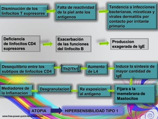 Disminución de losDisminución de los
linfocitos T supresoreslinfocitos T supresores
Falta de reactividadFalta de reactividad
de la piel ante losde la piel ante los
antígenosantígenos
Tendencia a infeccionesTendencia a infecciones
bacterianas, micoticas ybacterianas, micoticas y
virales dermatitis porvirales dermatitis por
contacto por irritantecontacto por irritante
primarioprimario
Desequilibrio entre losDesequilibrio entre los
subtipos de linfocitos CD4subtipos de linfocitos CD4
Th2/Th1Th2/Th1
AumentoAumento
de L4de L4
Induce la sintesis deInduce la sintesis de
mayor cantidad demayor cantidad de
IgEIgE
Re exposicionRe exposicion
al antigenoal antigeno
DesgranulacionDesgranulacionMediadores deMediadores de
la Inflamacionla Inflamacion
ATOPIAATOPIA HIPERSENSIBILIDAD TIPO 1HIPERSENSIBILIDAD TIPO 1
 