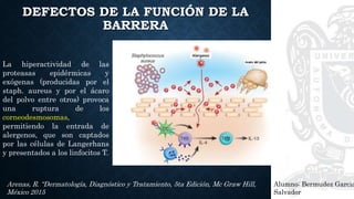 DEFECTOS DE LA FUNCIÓN DE LA
BARRERA
Alumno: Bermudez Garcia
Salvador
Arenas, R. “Dermatología, Diagnóstico y Tratamiento, 5ta Edición, Mc Graw Hill,
México 2015
La hiperactividad de las
proteasas epidérmicas y
exógenas (producidas por el
staph. aureus y por el ácaro
del polvo entre otros) provoca
una ruptura de los
corneodesmosomas,
permitiendo la entrada de
alergenos, que son captados
por las células de Langerhans
y presentados a los linfocitos T.
 