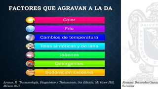 FACTORES QUE AGRAVAN A LA DA
Alumno: Bermudez Garcia
Salvador
Arenas, R. “Dermatología, Diagnóstico y Tratamiento, 5ta Edición, Mc Graw Hill,
México 2015
 