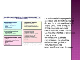 Las enfermedades que pueden ir
asociadas a la dermatitis atópica
derivan de la misma etiología de
atopía (p.ej. asma bronquial o
rinitis) mientras que otras
constituyen entidades propias.
Las más importantes se dividen en
cinco grupos
enfermedades cutáneas
enfermedades metabólicas
enfermedades genéticas
inmunodeficiencias
otras manifestaciones de atopia
 