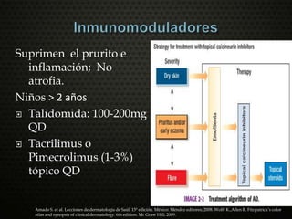 Suprimen el prurito e
inflamación; No
atrofia.
Niños > 2 años
 Talidomida: 100-200mg
QD
 Tacrilimus o
Pimecrolimus (1-3%)
tópico QD
Amado S. et al. Lecciones de dermatología de Saúl. 15ª edición. México: Méndez editores; 2008. Wolff K.,Allen R. Fitzpatrick’s color
atlas and synopsis of clinical dermatology. 6th edition. Mc Graw Hill; 2009.
 