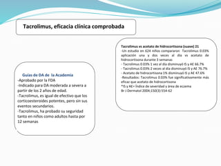 Tacrolimus, eficacia clínica comprobada 
Guías de DA de la Academia 
-Aprobado por la FDA 
-Indicado para DA moderada a severa a 
partir de los 2 años de edad. 
-Tacrolimus, es igual de efectivo que los 
corticoesteroides potentes, pero sin sus 
eventos secundarios. 
-Tacrolimus, ha probado su seguridad 
tanto en niños como adultos hasta por 
12 semanas 
Tacrolimus vs acetato de hidrocortisona (suave) 21 
-Un estudio en 624 niños compararon Tacrolimus 0.03% 
aplicación una y dos veces al día vs acetato de 
hidrocortisona durante 3 semanas 
- Tacrolimus 0.03% 1 vez al día disminuyó IS y AE 66.7% 
- Tacrolimus 0.03% 2 veces al día disminuyó IS y AE 76.7% 
- Acetato de hidrocortisona 1% disminuyó IS y AE 47.6% 
-Resultados: Tacrolimus 0.03% fue significativamente más 
eficaz que acetato de hidrocortisona 
*IS y AE= Índice de severidad y área de eczema 
Br J Dermatol 2004;150(3):554-62 
 