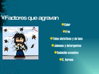 Factores que agravan  Calor  Frío Telas sintéticas y de lana Jabones y detergentes Sudación excesiva S. Aureus 