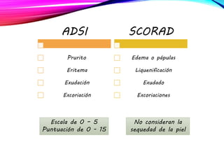 ADSI
Prurito
Eritema
Exudación
Excoriación
SCORAD
Edema o pápulas
Liquenificación
Exudado
Excoriaciones
Escala de 0 – 5
Puntuación de 0 - 15
No consideran la
sequedad de la piel
 
