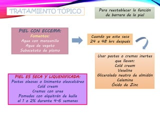 TRATAMIENTO TÓPICO
PIEL CON ECCEMA:
Fomentos:
Agua con manzanilla
Agua de vegeto
Subacetato de plomo
Cuando ya este seca
24 a 48 hrs después
Usar pastas o cremas inertes
que llevan:
Cold cream
Vaselina
Glicerolado neutro de almidón
Calamina
Óxido de Zinc
PIEL ES SECA Y LIQUENIFICADA:
Pastas oleosas o linimento oleocalcáreo
Cold cream
Cremas con urea
Pomadas con alquitrán de hulla
al 1 o 2% durante 4-6 semanas
Para reestablecer la función
de barrera de la piel
 
