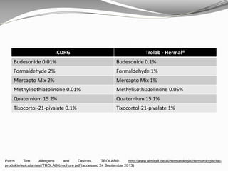 ICDRG Trolab - Hermal®
Budesonide 0.01% Budesonide 0.1%
Formaldehyde 2% Formaldehyde 1%
Mercapto Mix 2% Mercapto Mix 1%
Methylisothiazolinone 0.01% Methylisothiazolinone 0.05%
Quaternium 15 2% Quaternium 15 1%
Tixocortol-21-pivalate 0.1% Tixocortol-21-pivalate 1%
Patch Test Allergens and Devices. TROLAB®. http://www.almirall.de/al/dermatologie/dermatologische-
produkte/epicutantest/TROLAB-brochure.pdf (accessed 24 September 2013)
 