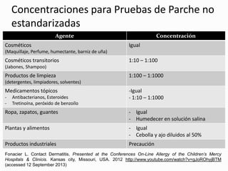 Concentraciones para Pruebas de Parche no
estandarizadas
Agente Concentración
Cosméticos
(Maquillaje, Perfume, humectante, barniz de uña)
Igual
Cosméticos transitorios
(Jabones, Shampoo)
1:10 – 1:100
Productos de limpieza
(detergentes, limpiadores, solventes)
1:100 – 1:1000
Medicamentos tópicos
- Antibacterianos, Esteroides
- Tretinoína, peróxido de benzoílo
-Igual
- 1:10 – 1:1000
Ropa, zapatos, guantes - Igual
- Humedecer en solución salina
Plantas y alimentos - Igual
- Cebolla y ajo diluidos al 50%
Productos industriales Precaución
Fonacier L. Contact Dermatitis. Presented at the Conferences On-Line Allergy of the Children’s Mercy
Hospitals & Clinicis. Kansas city, Missouri, USA. 2012 http://www.youtube.com/watch?v=gJoROhyjBTM
(accessed 12 September 2013)
 
