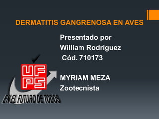 DERMATITIS GANGRENOSA EN AVES

          Presentado por
          William Rodríguez
          Cód. 710173

          MYRIAM MEZA
          Zootecnista
 
