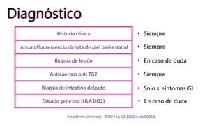 Diagnóstico
Historia clínica
Inmunofluorescencia directa de piel perilesional
Biopsia de lesión
Anticuerpos anti TG2
Biopsia de intestino delgado
Estudio genético (HLA DQ2)
• Siempre
• Siempre
• En caso de duda
• Siempre
• Solo si síntomas GI
• En caso de duda
Acta Derm Venereol . 2020 Feb 12;100(5):adv00056.
 