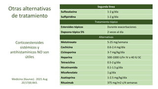 Otras alternativas
de tratamiento
Medicina (Kaunas) . 2021 Aug
20;57(8):843.
Segunda línea
Sulfasalazina 1-2 g/día
Sulfipiridina 1-2 g/día
Tratamiento tópico
Esteroides tópicos Durante exacerbaciones
Dapsona tópica 5% 2 veces al día
Alternativas
Metotrexato 5-25 mg/semana
Cochicina 0.6-2.4 mg/día
Ciclosporina 3-7 mg/kg/día
Heparina 500-1000 U/hr IV o 40 IU SC
Tetraciclina 0.5-2 g/día
Nicotinamida 0.1-1.5 g/día
Micofenolato 1 g/día
Azatioprina 1-2.5 mg/kg/día
Rituximab 375 mg/m2 c/4 semanas
Corticoesteroides
sistémicos y
antihistamínicos NO son
útiles
 