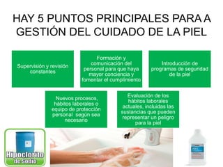 HAY 5 PUNTOS PRINCIPALES PARA A 
GESTIÓN DEL CUIDADO DE LA PIEL 
Supervisión y revisión 
constantes 
Formación y 
comunicación del 
personal para que haya 
mayor conciencia y 
fomentar el cumplimiento 
Introducción de 
programas de seguridad 
de la piel 
Nuevos procesos, 
hábitos laborales o 
equipo de protección 
personal según sea 
necesario 
Evaluación de los 
hábitos laborales 
actuales, incluidas las 
sustancias que pueden 
representar un peligro 
para la piel 
 