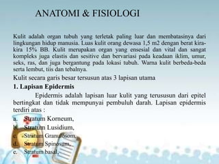 ANATOMI & FISIOLOGI
Kulit adalah organ tubuh yang terletak paling luar dan membatasinya dari
lingkungan hidup manusia. Luas kulit orang dewasa 1,5 m2 dengan berat kira-
kira 15% BB. Kulit merupakan organ yang ensesial dan vital dan sangat
kompleks juga elastis dan sesitive dan bervariasi pada keadaan iklim, umur,
seks, ras, dan juga bergantung pada lokasi tubuh. Warna kulit berbeda-beda
serta lembut, tiis dan tebalnya.
Kulit secara garis besar tersusun atas 3 lapisan utama
1. Lapisan Epidermis
Epidermis adalah lapisan luar kulit yang terususun dari epitel
bertingkat dan tidak mempunyai pembuluh darah. Lapisan epidermis
terdiri atas :
a. Stratum Korneum,
b. Stratum Lusidium,
c. Stratum Granulosom,
d. Stratum Spinosum,
e. Stratum basal,
 