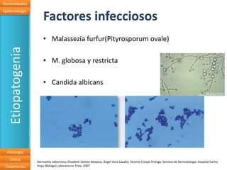 Generalidades
Epidemiologia
                       Factores infecciosos
                       • Malassezia furfur(Pityrosporum ovale)
   Etiopatogenia


                       • M. globosa y restricta

                       • Candida albicans




  Histología
   Clínica
                   Dermatitis seborreica, Elisabeth Gómez Moyano, Ángel Vera Casaño, Vicente Crespo Erchiga, Servicio de Dermatología. Hospital Carlos
 Tratamiento       Haya (Málaga) Laboratorios Thea. 2007
 