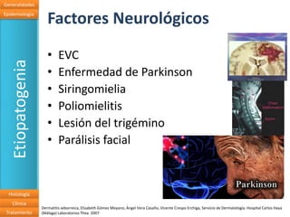 Generalidades
Epidemiologia
                      Factores Neurológicos
                      •     EVC
   Etiopatogenia

                      •     Enfermedad de Parkinson
                      •     Siringomielia
                      •     Poliomielitis
                      •     Lesión del trigémino
                      •     Parálisis facial



  Histología
   Clínica
                   Dermatitis seborreica, Elisabeth Gómez Moyano, Ángel Vera Casaño, Vicente Crespo Erchiga, Servicio de Dermatología. Hospital Carlos Haya
 Tratamiento       (Málaga) Laboratorios Thea. 2007
 