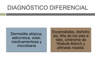 DIAGNÓSTICO DIFERENCIAL
Dermatitis atópica,
seborreica, solar,
medicamentosa y
microbiana
Eccemátides, dishidro
sis, tiña de los pies e
ides, síndrome de
Wiskott-Aldrich y
pitiriasis rosada.
 