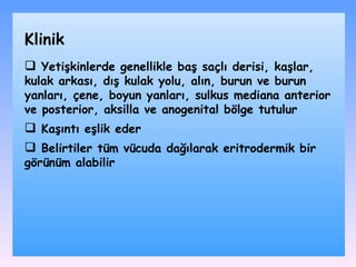 Yetişkinlerde  genellikle  baş saçlı derisi, kaşlar, kulak arkası, dış kulak yolu, alın, burun ve burun yanları, çene, boyun yanları, sulkus mediana anterior ve posterior, aksilla ve anogenital bölge  tutulur Kaşıntı  eşlik eder Belirtiler tüm vücuda dağılarak eritrodermik bir görünüm alabilir Klinik 