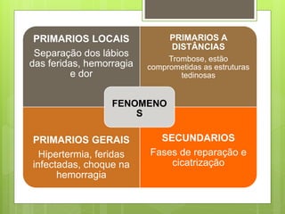 PRIMARIOS LOCAIS
Separação dos lábios
das feridas, hemorragia
e dor
PRIMARIOS A
DISTÂNCIAS
Trombose, estão
comprometidas as estruturas
tedinosas
PRIMARIOS GERAIS
Hipertermia, feridas
infectadas, choque na
hemorragia
SECUNDARIOS
Fases de reparação e
cicatrização
FENOMENO
S
 