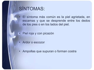 SÍNTOMAS:
• El síntoma más común es la piel agrietada, en
  escamas y que se desprende entre los dedos
  de los pies o en los lados del piel.

• Piel roja y con picazón

• Ardor o escozor

• Ampollas que supuran o forman costra
 