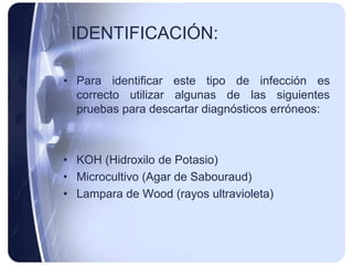 IDENTIFICACIÓN:

• Para identificar este tipo de infección es
  correcto utilizar algunas de las siguientes
  pruebas para descartar diagnósticos erróneos:



• KOH (Hidroxilo de Potasio)
• Microcultivo (Agar de Sabouraud)
• Lampara de Wood (rayos ultravioleta)
 