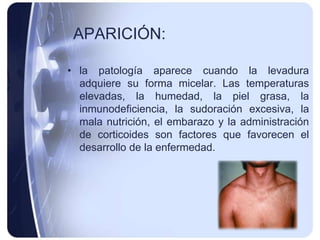 APARICIÓN:

• la patología aparece cuando la levadura
  adquiere su forma micelar. Las temperaturas
  elevadas, la humedad, la piel grasa, la
  inmunodeficiencia, la sudoración excesiva, la
  mala nutrición, el embarazo y la administración
  de corticoides son factores que favorecen el
  desarrollo de la enfermedad.
 
