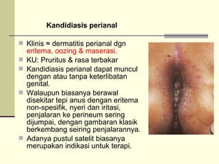 Kandidiasis perianal
 Klinis ≈ dermatitis perianal dgn
eritema, oozing & maserasi.
 KU: Pruritus & rasa terbakar
 Kandidiasis perianal dapat muncul
dengan atau tanpa keterlibatan
genital.
 Walaupun biasanya berawal
disekitar tepi anus dengan eritema
non-spesifik, nyeri dan iritasi,
penjalaran ke perineum sering
dijumpai, dengan gambaran klasik
berkembang seiring penjalarannya.
 Adanya pustul satelit biasanya
merupakan indikasi untuk terapi.
 