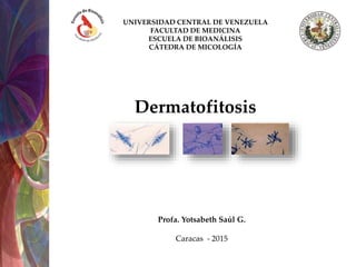 UNIVERSIDAD CENTRAL DE VENEZUELA
FACULTAD DE MEDICINA
ESCUELA DE BIOANÁLISIS
CÁTEDRA DE MICOLOGÍA
Dermatofitosis
Profa. Yotsabeth Saúl G.
Caracas - 2015
 