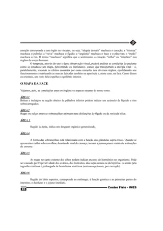 emoção corresponde a um órgão ou vísceras, ou seja, “alegria demais” machuca o coração; a “tristeza”
machuca o pulmão; a “raiva” machuca o fígado; a “angústia” machuca o baço e o pâncreas; o “medo”
machuca o rim. O termo “machuca” significa que o sentimento, a emoção, “influi” ou “interfere” nos
órgãos do corpo humano.
         O terapeuta, através do tato e dessa observação visual, poderá analisar as condições do paciente
como se estudasse um mapa, percorrendo os meridianos- canais que transportam a energia vital – e,
paralelamente, tratando os efeitos causados por essas emoções nos diversos órgãos, equilibrando seu
funcionamento e suavizando as marcas deixadas também na aparência e, nesse caso, na face. Como dizem
os orientais, um rosto belo espelha o equilíbrio interior.

O MAPA DA FACE

Vejamos, pois, as correlações entre os órgãos e o aspecto externo do nosso rosto.

ÁREA 1
Bolsas e inchaços na região abaixo da pálpebra inferior podem indicar um acúmulo de líquido e rins
sobrecarregados.

ÁREA 2
Rugas ou sulcos entre as sobrancelhas apontam para disfunções do fígado ou da vesícula biliar.

ÁREA 3

         Região da testa, indica um desgaste orgânico generalizado.

ÁREA 4

         A forma das sobrancelhas está relacionada com a função das glândulas supra-renais. Quando se
apresentam caídas sobre os olhos, denotando sinal de cansaço, tornam a pessoa pouco resistente a situações
de estresse.

ÁREA 5

         As rugas no canto externo dos olhos podem indicar excesso de hormônios no organismo. Pode
ser causado por Hiperatividade dos ovários, dos testículos, das supra-renais ou da hipófise, ou então pela
ingestão contínua e prolongada de hormônios sintéticos (anticoncepcionais, por exemplo).

ÁREA 6

         Região do lábio superior, corresponde ao estômago, à função gástrica e as primeiras partes do
intestino, o duodeno e o jejuno imediato.
                                                                               Center Fisio - IMES
 20
 