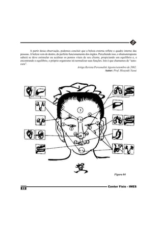 A partir dessa observação, podemos concluir que a beleza externa reflete o quadro interno das
pessoas. A beleza vem de dentro, do perfeito funcionamento dos órgãos. Percebendo isso, o shiatsuterapeuta
saberá se deve estimular ou acalmar os pontos vitais de seu cliente, propiciando um equilíbrio e, e
encontrando o equilíbrio, o próprio organismo irá normalizar suas funções. Isto é que chamamos de “auto-
cura”.
                                                    Artigo Revista Personalité Agosto/setembro de 2002.
                                                                             Autor: Prof. Hisayuki Yasui




                                                                                     Figura 04



                                                                               Center Fisio - IMES
 22
 