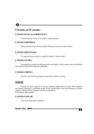 É dividida em 05 camadas:
CAMADA BASAL ou GERMINATIVA

        É esta camada que forma novas células e contém melanina.

CAMADA ESPINHOSA

        Oferece maior proteção mecânica à pele mediante um sistema de tração elástica.


CAMADA GRANULOSA

        É a responsável por recolocar na superfície da pele as células mortas.

CAMADA LÚCIDA

         Corresponde ao conjunto das primeiras células anucleadas, e devido a presença de uma substância
oleosa denominada eleidina mostra-se translúcida.


CAMADA CÓRNEA

        Constitui uma barreira que proporciona proteção mecânica e química.


DERME
        Consiste em tecido conjuntivo. É rica em substância fundamental tem muitas fibras colágenas
que mantém a hidratação e elasticidade da pele. É bem vascularizada e é nela que encontramos os anexos
cutâneos (folículos pilosos, glândulas sebáceas e sudoríparas).
É formada por duas camadas:

CAMADA PAPILAR

        Tem como função nutrir a epiderme.



Center Fisio - IMES
                                                                                                    5
 