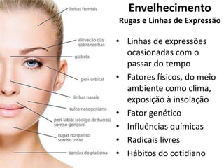 Envelhecimento
Rugas e Linhas de Expressão
• Linhas de expressões
ocasionadas com o
passar do tempo
• Fatores físicos, do meio
ambiente como clima,
exposição à insolação
• Fator genético
• Influências químicas
• Radicais livres
• Hábitos do cotidiano
 