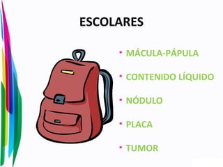 ESCOLARES
• MÁCULA-PÁPULA
• CONTENIDO LÍQUIDO
• NÓDULO
• PLACA
• TUMOR
 