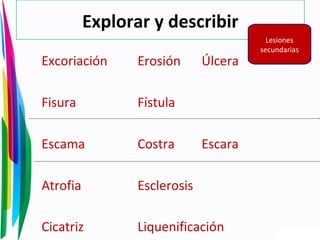 Excoriación Erosión Úlcera
Fisura Fístula
Escama Costra Escara
Atrofia Esclerosis
Cicatriz Liquenificación
Explorar y describir
Lesiones
secundarias
 