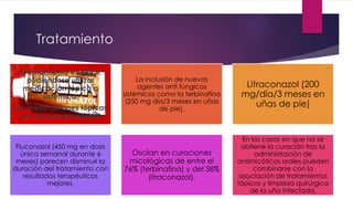 Tratamiento 
El tratamiento es difícil, 
pudiéndose utilizar 
medicación tópica o 
sistémica. 
Las medicaciones tópicas 
son de escasa utilidad. 
La inclusión de nuevos 
agentes anti fúngicos 
sistémicos como la terbinafina 
(250 mg día/3 meses en uñas 
de pie), 
Litraconazol (200 
mg/día/3 meses en 
uñas de pie) 
Fluconazol (450 mg en dosis 
única semanal durante 6 
meses) parecen disminuir la 
duración del tratamiento con 
resultados terapéuticos 
mejores, 
Oscilan en curaciones 
micológicas de entre el 
76% (terbinafina) y del 38% 
(itraconazol). 
En los casos en que no se 
obtiene la curación tras la 
administración de 
antimicóticos orales pueden 
combinarse con la 
asociación de tratamientos 
tópicos y limpieza quirúrgica 
de la uña infectada. 
 