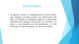 Etiopatogenia
 El agente causal es Staphylococcus aureus (90%),
que produce necrosis central con destrucción del
pelo, el folículo y la glándula sebácea; la dificultad
temprana del drenaje contribuye a la dureza y el
dolor; si las lesiones son más profundas, y si los
abscesos se intercomunican, se forma el ántrax.
 