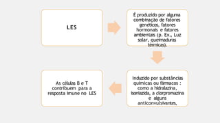 LES
É produzido por alguma
combinação de fatores
genéticos, fatores
hormonais e fatores
ambientais (p. Ex., Luz
solar, queimaduras
térmicas).
Induzido por substâncias
químicas ou fármacos :
como a hidralazina,
isoniazida, a clorpromazina
e alguns
anticonvulsivantes,
As células B e T
contribuem para a
resposta imune no LES
 