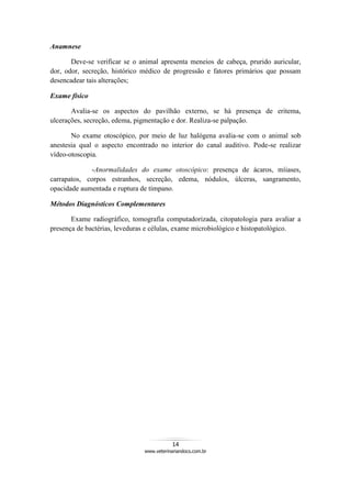 14
www.veterinariandocs.com.br
Anamnese
Deve-se verificar se o animal apresenta meneios de cabeça, prurido auricular,
dor, odor, secreção, histórico médico de progressão e fatores primários que possam
desencadear tais alterações;
Exame físico
Avalia-se os aspectos do pavilhão externo, se há presença de eritema,
ulcerações, secreção, edema, pigmentação e dor. Realiza-se palpação.
No exame otoscópico, por meio de luz halógena avalia-se com o animal sob
anestesia qual o aspecto encontrado no interior do canal auditivo. Pode-se realizar
vídeo-otoscopia.
-Anormalidades do exame otoscópico: presença de ácaros, míiases,
carrapatos, corpos estranhos, secreção, edema, nódulos, úlceras, sangramento,
opacidade aumentada e ruptura de tímpano.
Métodos Diagnósticos Complementares
Exame radiográfico, tomografia computadorizada, citopatologia para avaliar a
presença de bactérias, leveduras e células, exame microbiológico e histopatológico.
 