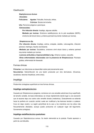 Clasificación
Staphylococcus Aureus
-Anexiales:
Foliculares: Agudas: Foliculitis, forúnculo, ántrax.
Crónicas: Sicosis de la barba.
Uña: Perionixis piógena o paroniquia.
-Extranexiales:
Por infección directa: Impétigo, algunas celulitis.
Mediada por toxinas: Síndrome estafilocóccico de la piel escaldada (SEPE),
síndrome del shock tóxico y eritema perineal recurrente mediado por toxinas.
Streptococcus Sp.
-Por infección directa: Impétigo, ectima, erisipela, celulitis, vulvovaginitis, infección
perianal, intertrigos, fascitis necrotizante.
-Mediado por toxinas: Escarlatina, síndrome símil shock tóxico y eritema perineal
recurrente mediado por toxinas.
-Lesiones atribuibles a hipersensibilidad a Ag.: Eritema nudoso, vasculitis.
-Otras enfermedades relacionadas con la presencia de Streptococcus: Psoriasis
guttata, enfermedad de Kawasaki.
Formas clínicas
Primarias: Las infecciones se desarrollan sobre piel previamente sana.
Secundarias: Sobreinfección de una lesión producida por otra dermatosis. (Eccemas,
escabiosis, lesiones herpéticas, entre otras).
Impétigo
Piodermitis contagiosa superficial con tres formas clínicas.
Impétigo estreptocóccico
Causado por Streptococcus pyogenes, comienza con una ampolla subcórnea (muy superficial),
de tamaño variable, de base eritematosa; se rompe rápidamente dando lugar a una secreción
que al secarse deja una costra color amarillo dorado (melicérica). Gradualmente se extiende
hacia la periferia sin curación central, suele ser multifocal y las lesiones tienden a coalecer.
Cura sin dejar cicatriz. La región periorificial de la cara y los miembros son los sitios más
frecuentemente afectados, aunque puede producirse en cualquier lugar del tegumento.
Sumamente contagioso.
Impétigo estafilocóccico pustuloso
Causado por Staphylococcus aureus. Su lesión elemental es la pústula. Puede aparecer a
partir de una foliculitis.
115
 