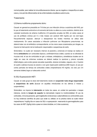 normal posible, para realizar la inmunofluorescencia directa, que es negativa o inespecífica en estos
casos y nos permite diferenciarlos de las enfermedades ampollares autoinmunes.
Tratamiento
I) Eritema multiforme propiamente dicho:
Causal: en general es precedido en 7-8 días por una infección clínica o subclínica del VHS, por
lo que el tratamiento antiviral en el momento del brote no altera su curso evolutivo; distinto de la
variedad recidivante de eritema multiforme (>6 episodios anuales de EM), en estos casos el
uso de profilaxis crónica por 6 o más meses con aciclovir 800 mg/día por vía oral logra
frecuentemente espaciar, atenuar o desaparecer los brotes mientras se utiliza este
medicamento. En casos asociados a infección pulmonar con Micoplasma pneumoniae, se
deberá tratar con el antibiótico correspondiente; en los raros casos ocasionados por drogas, se
impone la interrupción de la medicación responsable o sospechosa de serlo.
Sintomático: no suele ser necesario internar al paciente y entonces el manejo se realiza en
forma ambulatoria con corticoides tópicos y antihistamínicos orales; cuando se ve afectada la
mucosa oral, el uso de corticoides en gel u orobase, antisépticos y anestésicos locales son la
regla; en caso de síntomas oculares se deberá realizar la oportuna y precoz consulta
oftalmológica, para evitar graves secuelas (queratitis, úlceras corneales, ceguera, etc.). Cuando
el cuadro cutáneo-mucoso es severo o con gran repercusión sistémica (EM mayor), el uso por
cortos periodos de tiempo de corticoides orales (meprednisona 40 mg/día, vía oral, por 2-4
semanas totales) logra un adecuado control.
II) SSJ-Superposición-NET:
Causal: en este grupo la clave del tratamiento reside en suspender toda droga responsable
o sospechosa de serlo (buscar en aquéllas introducidas en los últimos 2 meses y
suspenderlas).
Sintomático: se impone la internación en todos los casos, en unidad de quemados o terapia
intensiva, donde la terapia de soporte ha demostrado mejorar la morbimortalidad. El uso de
corticoides, inmunosupresores, gammaglobulina endovenosa o plasmaféresis es controvertido pues
no hay evidencia científica de peso que avale su utilidad; en la práctica diaria se suele indicar
meprednisona 1mg/Kg./día en casos de SSJ o superposición, reservando la gammaglobulina para
los casos de NET (3g/Kg./ciclo a pasar en dosis divididas, en 3 días sucesivos).
171
 