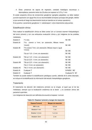 83 
4. Otras: presencia de signos de regresión, variedad histológica neurotropa o
desmoplásica, paciente menor de 35 años con espesor e/ 0,75 y 1 mm.
Si existe sospecha clínica de compromiso ganglionar (ganglios palpables), se debe realizar
punción-aspiración con aguja fina (no es recomendable la biopsia quirúrgica del ganglio, debido
a que aumenta el riesgo de diseminación local por siembra en el campo operatorio).
Si es positiva: vaciamiento ganglionar +/- radioterapia+/- otros tratamientos adyuvantes.
Estadificación clínica
Para realizar la estadificación clínica se debe contar con un correcto examen histopatológico
del tumor primario y con una exhaustiva evaluación clínica y por imágenes de las posibles
metástasis.
Estadío 0 T in situ N0 M0
Estadío IA T1a (menor a 1mm, sin ulceración, Mitosis menor
1/mm2) N0 M0
Estadío IB T1b (menor 1mm, con ulceración, Mitosis mayor o igual
1/mm2) 
N0 M0
T2a (e/ 1,01 - 2 mm, sin ulceración) N0 M0
Estadío IIA T2b (e/ 1,01 - 2 mm, con ulceración) N0 M0
T3a (e/ 2,01 - 4 mm, sin ulceración) N0 M0
Estadío IIB T3b (e/ 2,01 - 4 mm, con ulceración) N0 M0
T4a (+ 4 mm, sin ulceración) N0 M0
Estadío IIC T4b (+ 4 mm, con ulceración) N0 M0
Estadío III Cualquier T N1N2N3 M0
Estadío IV Cualquier T Cualquier N M1
También se puede realizar la estadificación patológica cuando, además de lo antes descripto,
se incluye en la estadificación la información del estudio histopatológico ganglionar.
Tratamiento
El tratamiento de elección del melanoma primario es la cirugía, al igual que el de las
metástasis; siempre que la localización anatómica de la lesión y la condición clínica del
paciente lo permitan.
Los márgenes de resección son definidos de acuerdo al espesor tumoral.
Tabla 5.3: Espesor tumoral y margen de resección
EspesorTumoral Margen de resección
MM in situ 0,5 cm
Breslow<1 mm 1 cm
Breslow 1-2 mm 1 a 2 cm
Breslow> 2mm 2 cm
 