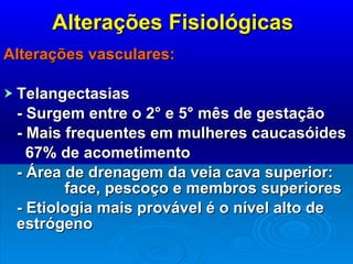Alterações Fisiológicas Alterações vasculares: Telangectasias - Surgem entre o 2° e 5° mês de gestação - Mais frequentes em mulheres caucasóides 67% de acometimento - Área de drenagem da veia cava superior:  face, pescoço e membros superiores - Etiologia mais provável é o nível alto de estrógeno 