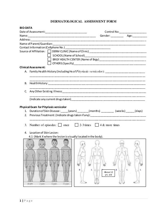Printable Skin Assessment Form - Dermatological Assessment Form Skin Disorder 1 638