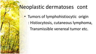 Neoplastic dermatoses cont
 • Tumors of lymphohistiocytic origin
   : Histiocytosis, cutaneous lymphoma,
     Transmissible venereal tumor etc.
 