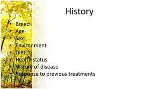 History
•   Breed
•   Age
•   Sex
•   Environment
•   Diet
•   Health status
•   History of disease
•   Response to previous treatments
 