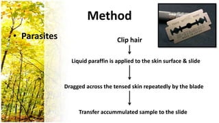 Method
• Parasites                        Clip hair

                Liquid paraffin is applied to the skin surface & slide



              Dragged across the tensed skin repeatedly by the blade



                   Transfer accummulated sample to the slide
 