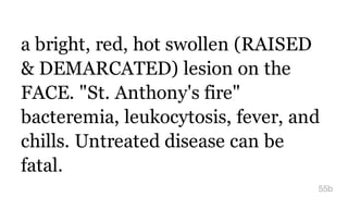 a bright, red, hot swollen (RAISED
& DEMARCATED) lesion on the
FACE. "St. Anthony's fire"
bacteremia, leukocytosis, fever, and
chills. Untreated disease can be
fatal.
55b
 